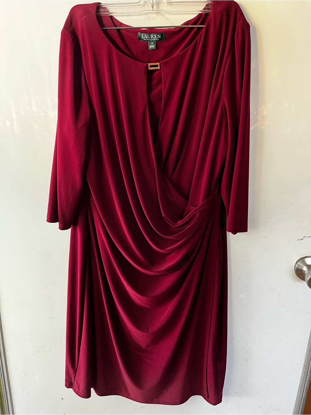 Ralph Lauren Burgundy Draped Midi Dress with Gold Accent